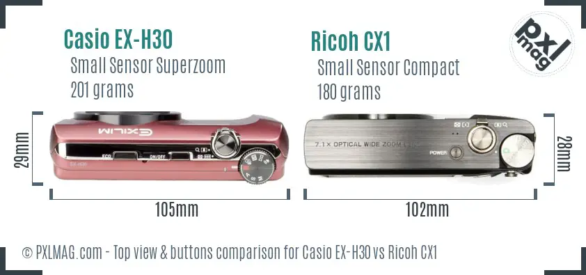 Casio EX-H30 vs Ricoh CX1 top view buttons comparison