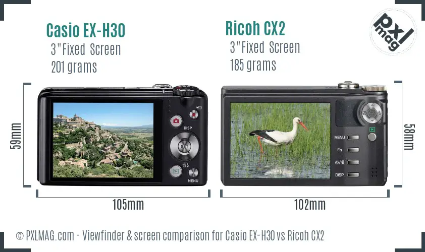 Casio EX-H30 vs Ricoh CX2 Screen and Viewfinder comparison