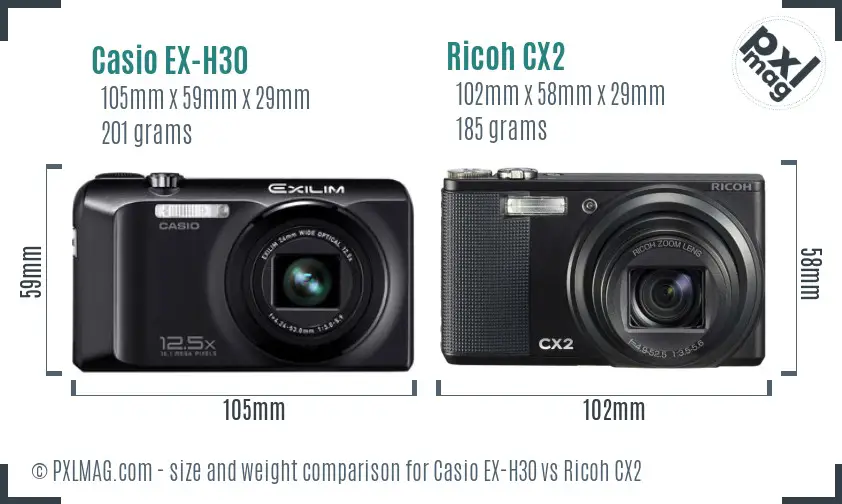 Casio EX-H30 vs Ricoh CX2 size comparison