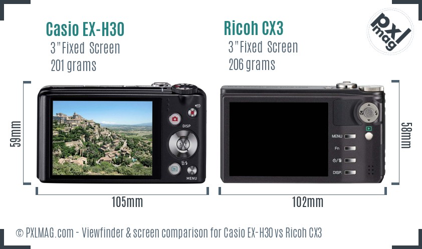 Casio EX-H30 vs Ricoh CX3 Screen and Viewfinder comparison