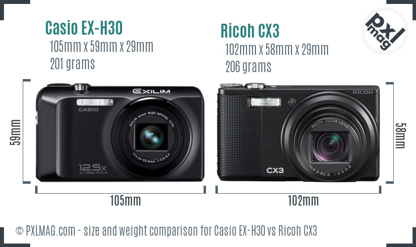 Casio EX-H30 vs Ricoh CX3 size comparison