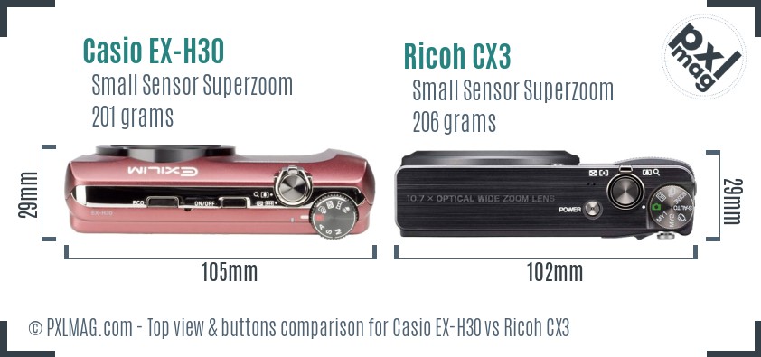 Casio EX-H30 vs Ricoh CX3 top view buttons comparison