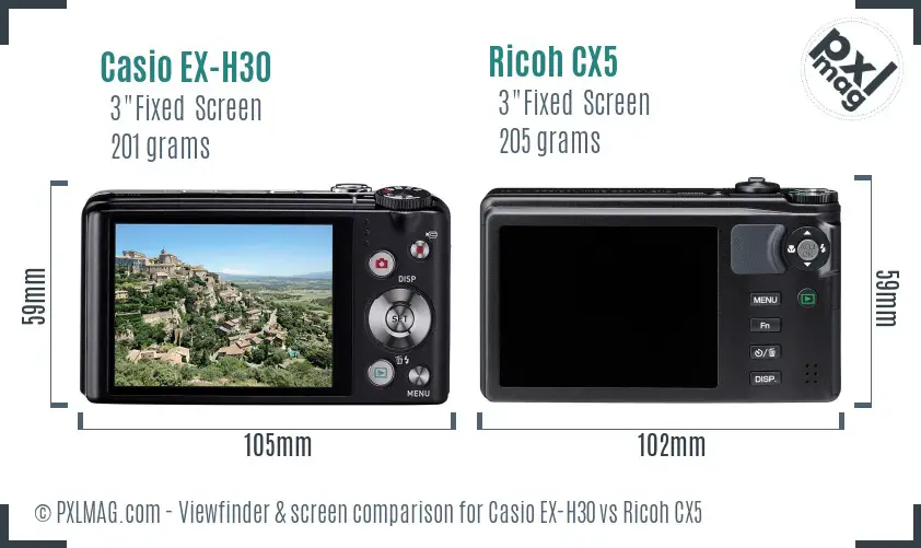 Casio EX-H30 vs Ricoh CX5 Screen and Viewfinder comparison Casio EX-H30 vs Ricoh CX5 Screen and Viewfinder comparison