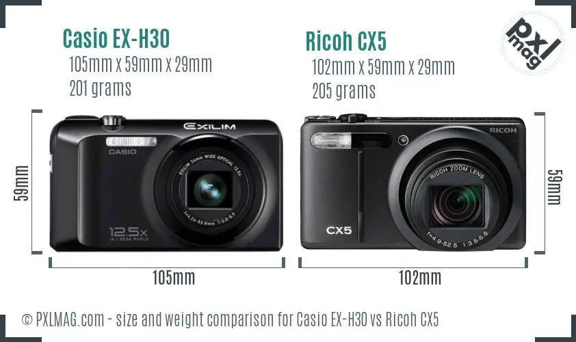 Casio EX-H30 vs Ricoh CX5 size comparison Casio EX-H30 vs Ricoh CX5 size comparison