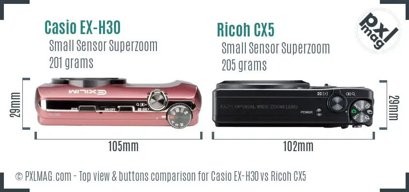 Casio EX-H30 vs Ricoh CX5 top view buttons comparison Casio EX-H30 vs Ricoh CX5 top view buttons comparison