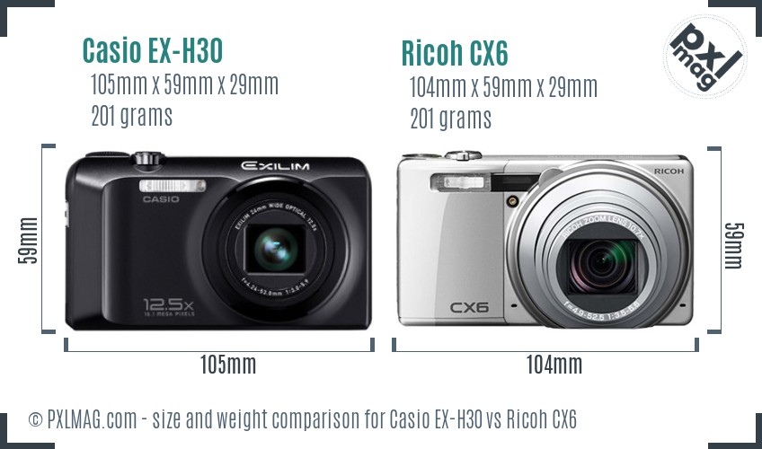 Casio EX-H30 vs Ricoh CX6 size comparison