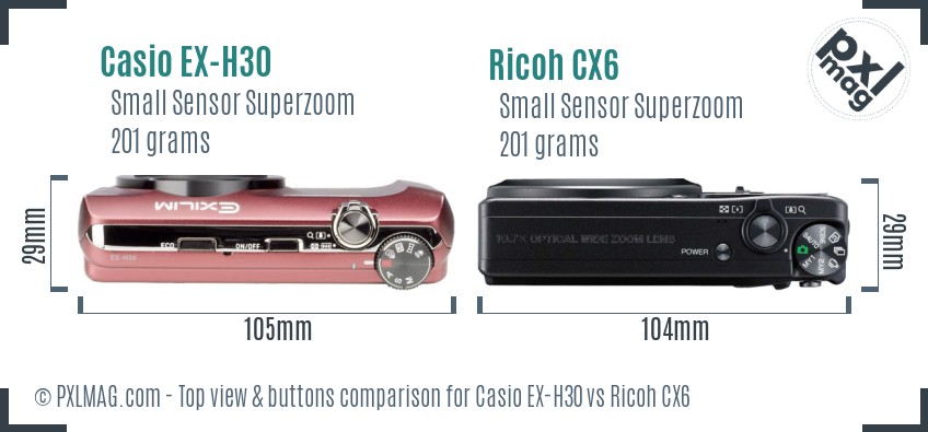 Casio EX-H30 vs Ricoh CX6 top view buttons comparison