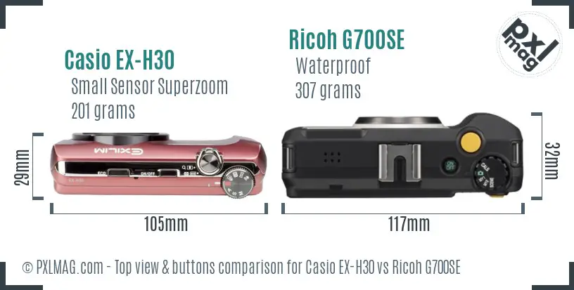 Casio EX-H30 vs Ricoh G700SE top view buttons comparison