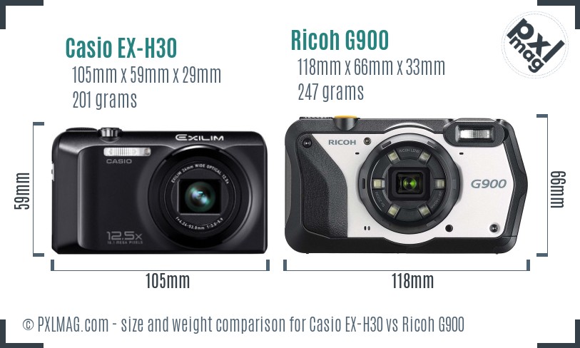 Casio EX-H30 vs Ricoh G900 size comparison