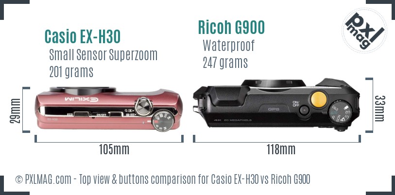 Casio EX-H30 vs Ricoh G900 top view buttons comparison