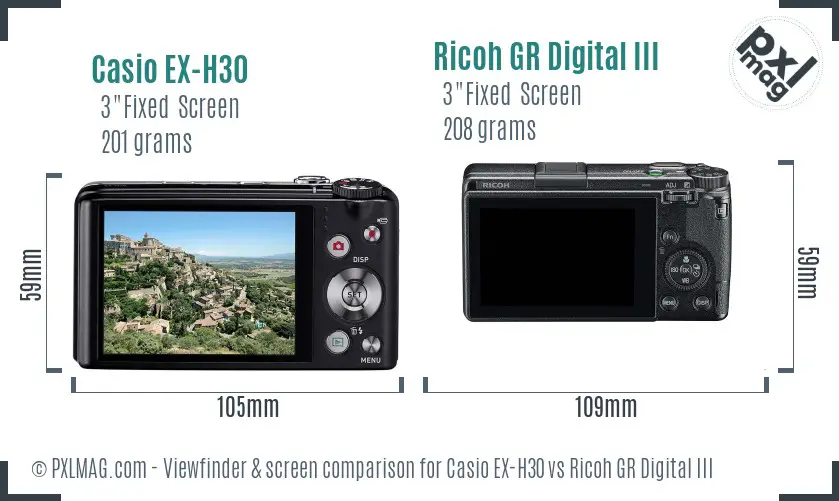 Casio EX-H30 vs Ricoh GR Digital III Screen and Viewfinder comparison