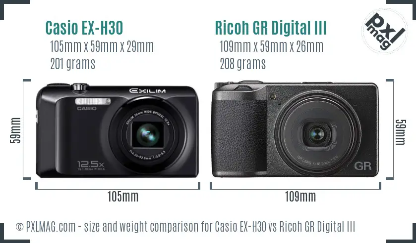 Casio EX-H30 vs Ricoh GR Digital III size comparison