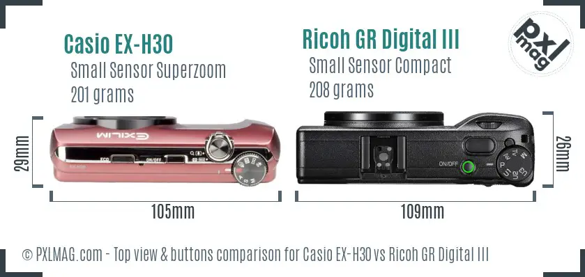 Casio EX-H30 vs Ricoh GR Digital III top view buttons comparison