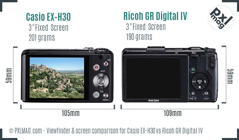 Casio EX-H30 vs Ricoh GR Digital IV Screen and Viewfinder comparison