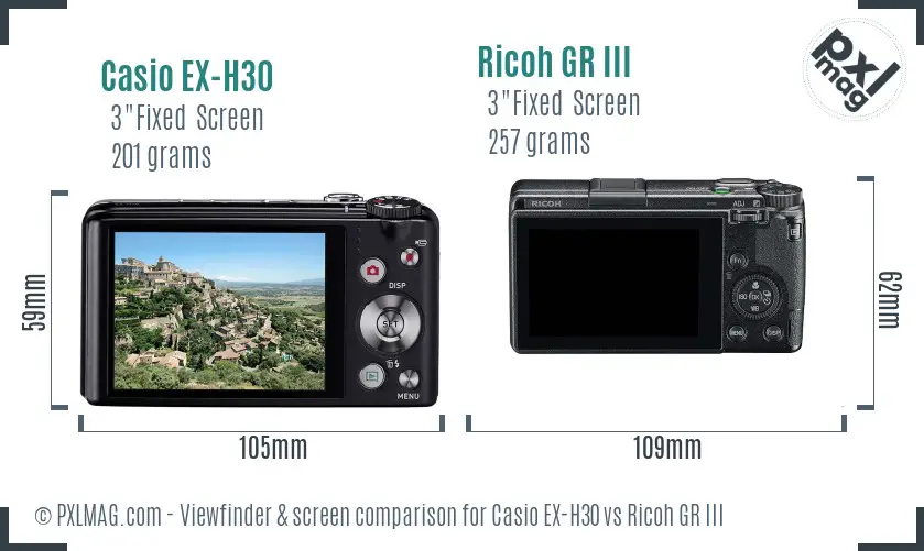 Casio EX-H30 vs Ricoh GR III Screen and Viewfinder comparison