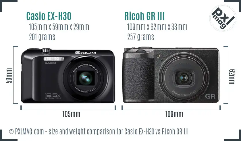 Casio EX-H30 vs Ricoh GR III size comparison