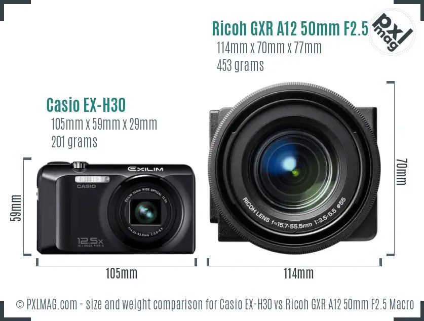 Casio EX-H30 vs Ricoh GXR A12 50mm F2.5 Macro size comparison