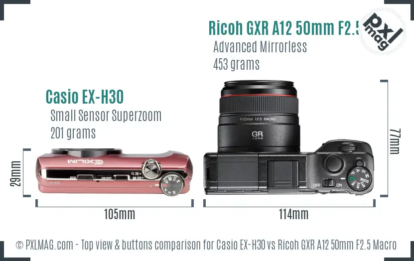 Casio EX-H30 vs Ricoh GXR A12 50mm F2.5 Macro top view buttons comparison