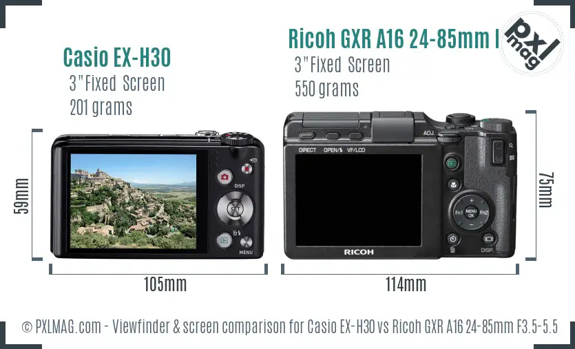 Casio EX-H30 vs Ricoh GXR A16 24-85mm F3.5-5.5 Screen and Viewfinder comparison