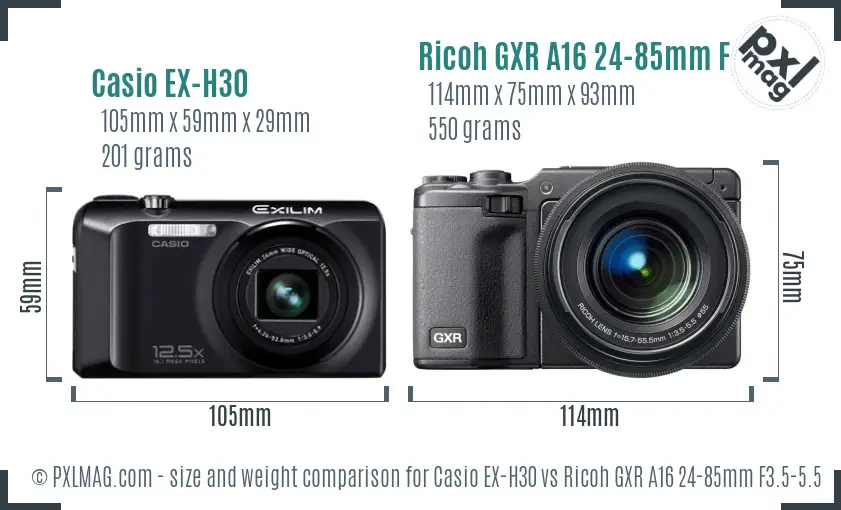 Casio EX-H30 vs Ricoh GXR A16 24-85mm F3.5-5.5 size comparison