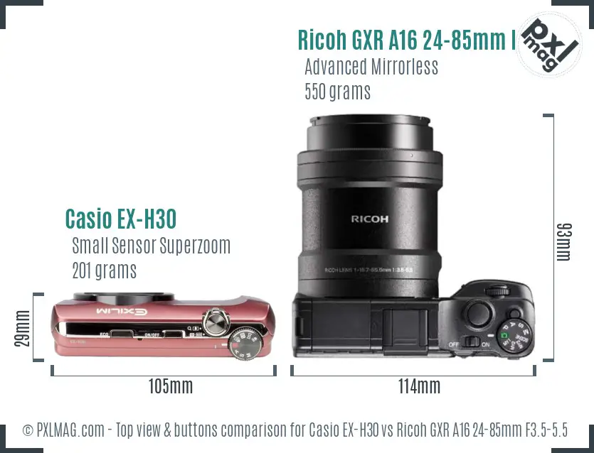 Casio EX-H30 vs Ricoh GXR A16 24-85mm F3.5-5.5 top view buttons comparison