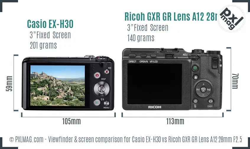Casio EX-H30 vs Ricoh GXR GR Lens A12 28mm F2.5 Screen and Viewfinder comparison