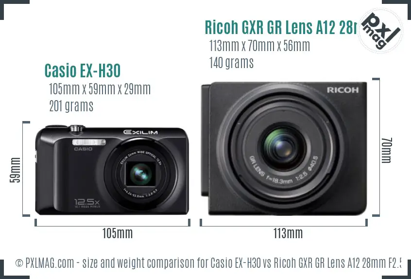 Casio EX-H30 vs Ricoh GXR GR Lens A12 28mm F2.5 size comparison