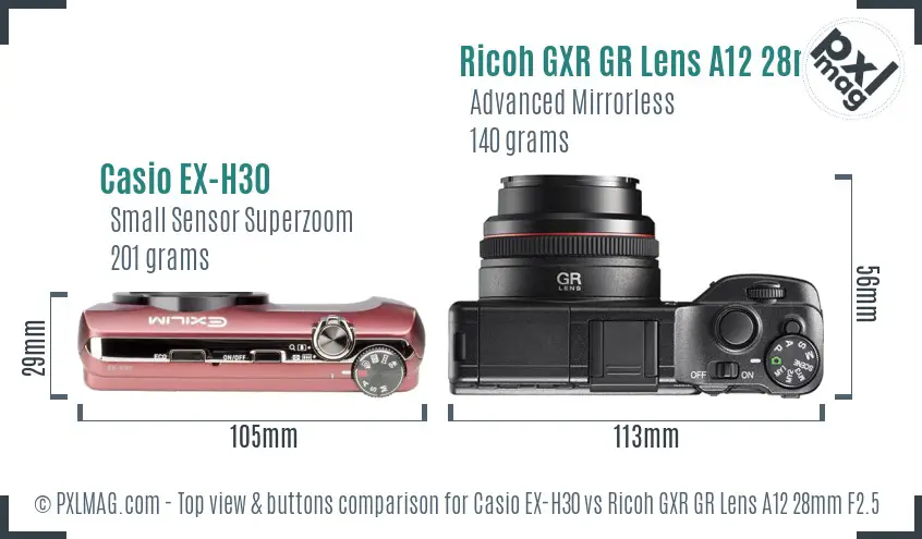 Casio EX-H30 vs Ricoh GXR GR Lens A12 28mm F2.5 top view buttons comparison