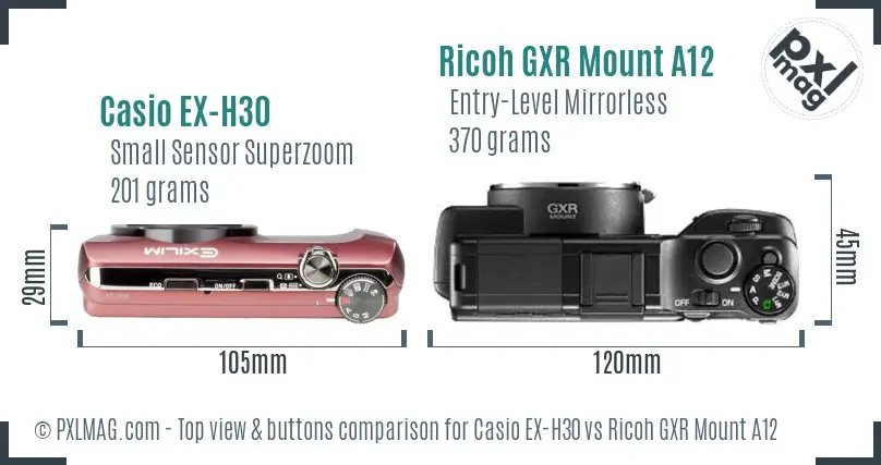 Casio EX-H30 vs Ricoh GXR Mount A12 top view buttons comparison