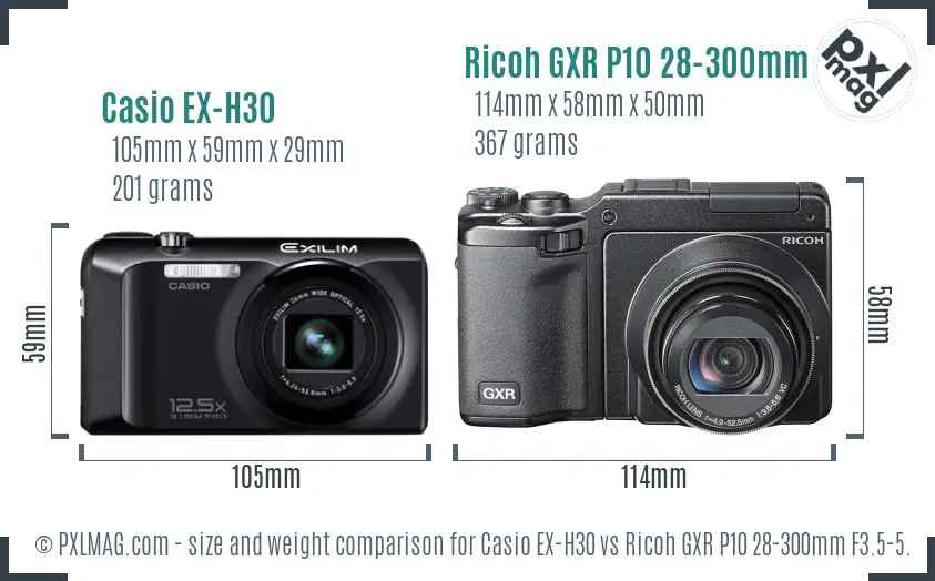 Casio EX-H30 vs Ricoh GXR P10 28-300mm F3.5-5.6 VC size comparison