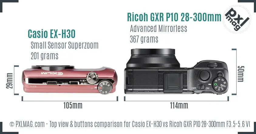 Casio EX-H30 vs Ricoh GXR P10 28-300mm F3.5-5.6 VC top view buttons comparison