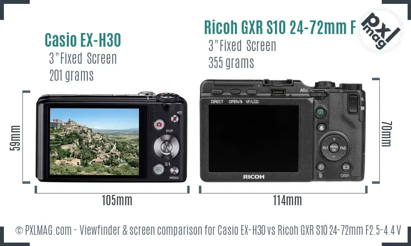 Casio EX-H30 vs Ricoh GXR S10 24-72mm F2.5-4.4 VC Screen and Viewfinder comparison