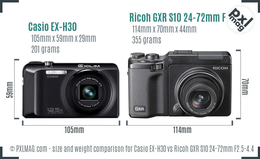 Casio EX-H30 vs Ricoh GXR S10 24-72mm F2.5-4.4 VC size comparison