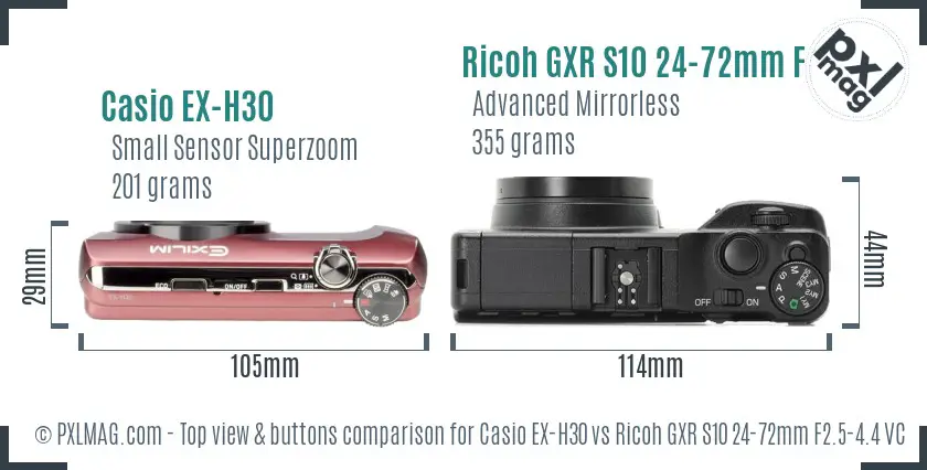 Casio EX-H30 vs Ricoh GXR S10 24-72mm F2.5-4.4 VC top view buttons comparison