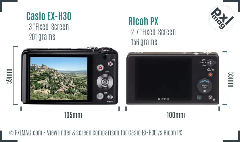 Casio EX-H30 vs Ricoh PX Screen and Viewfinder comparison