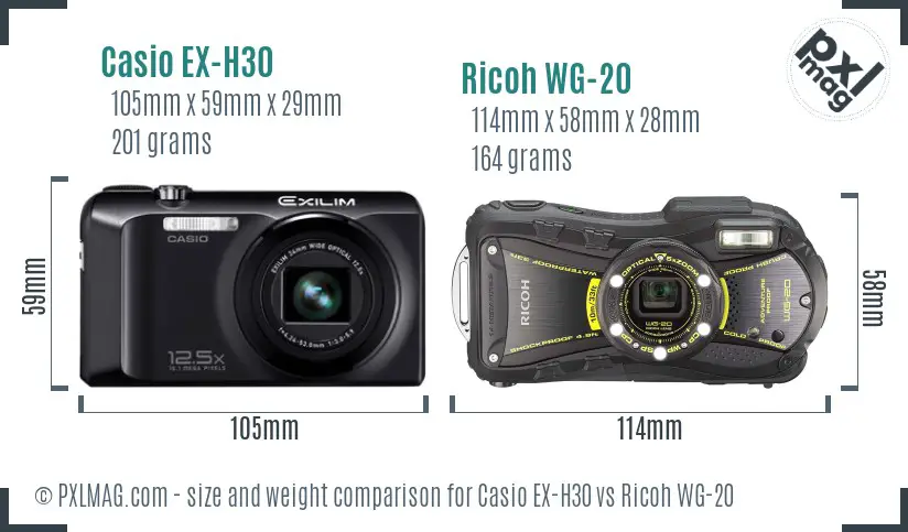 Casio EX-H30 vs Ricoh WG-20 size comparison