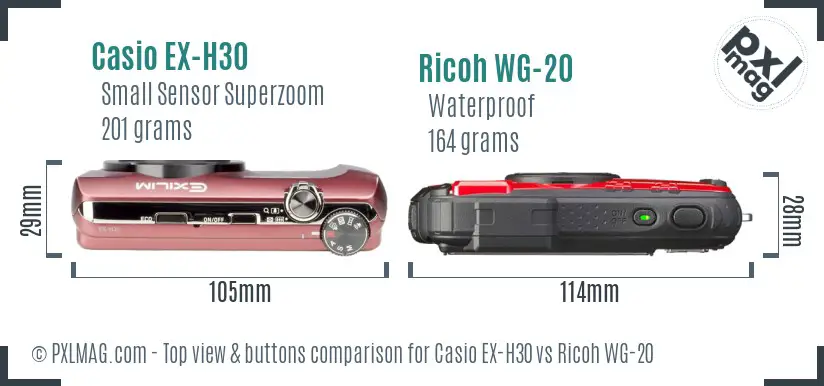 Casio EX-H30 vs Ricoh WG-20 top view buttons comparison