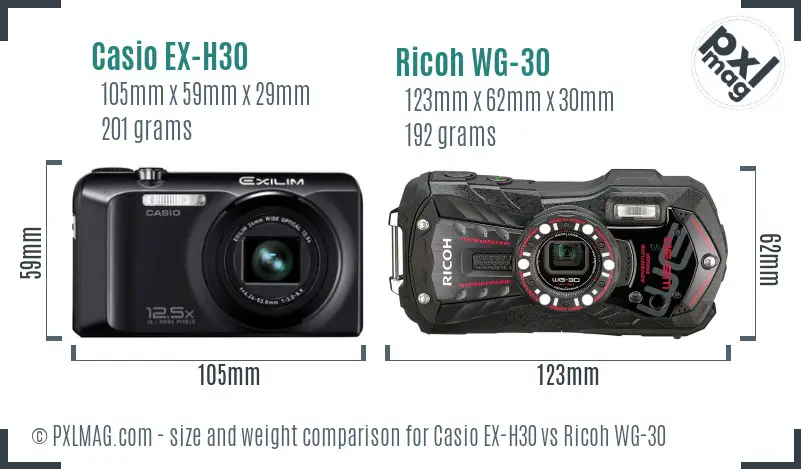 Casio EX-H30 vs Ricoh WG-30 size comparison