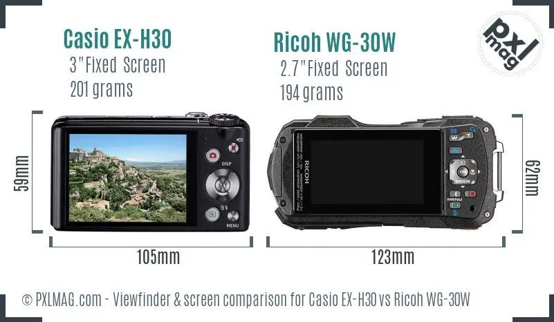 Casio EX-H30 vs Ricoh WG-30W Screen and Viewfinder comparison