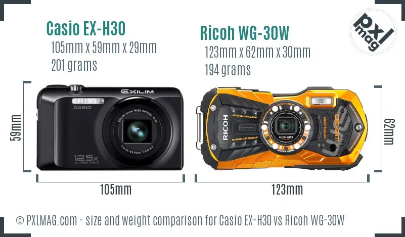 Casio EX-H30 vs Ricoh WG-30W size comparison