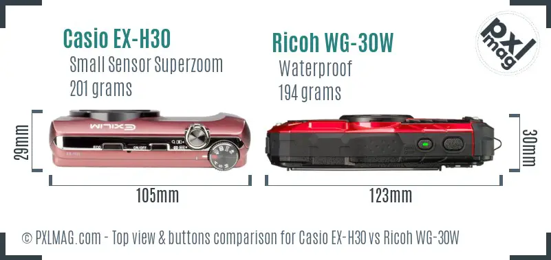 Casio EX-H30 vs Ricoh WG-30W top view buttons comparison