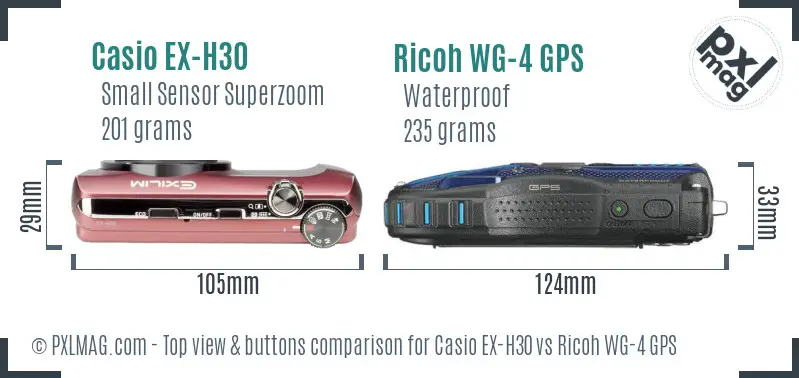 Casio EX-H30 vs Ricoh WG-4 GPS top view buttons comparison