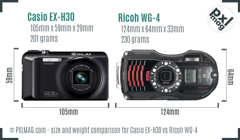 Casio EX-H30 vs Ricoh WG-4 size comparison