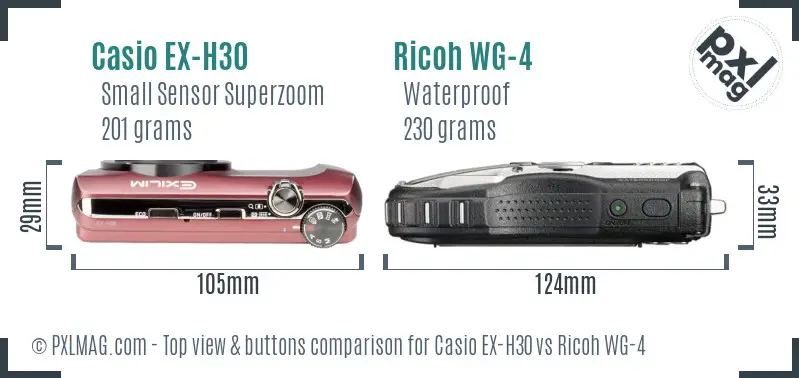 Casio EX-H30 vs Ricoh WG-4 top view buttons comparison