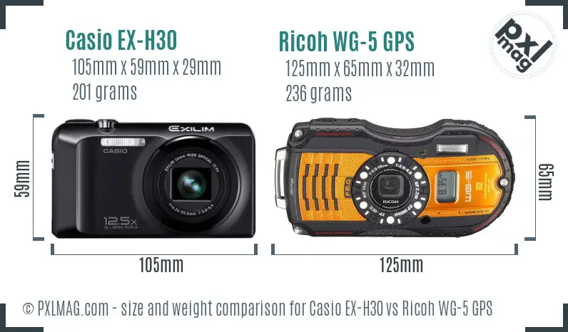 Casio EX-H30 vs Ricoh WG-5 GPS size comparison