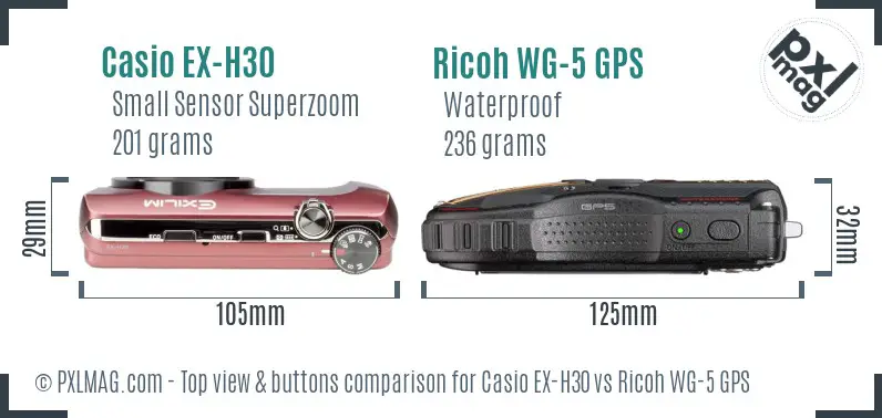 Casio EX-H30 vs Ricoh WG-5 GPS top view buttons comparison