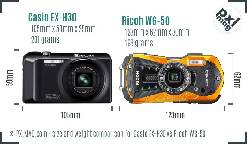 Casio EX-H30 vs Ricoh WG-50 size comparison