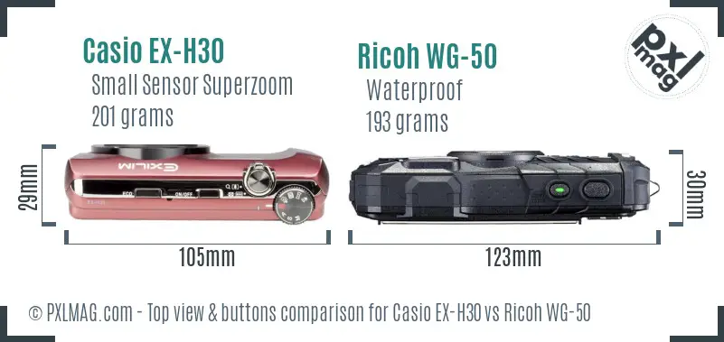 Casio EX-H30 vs Ricoh WG-50 top view buttons comparison