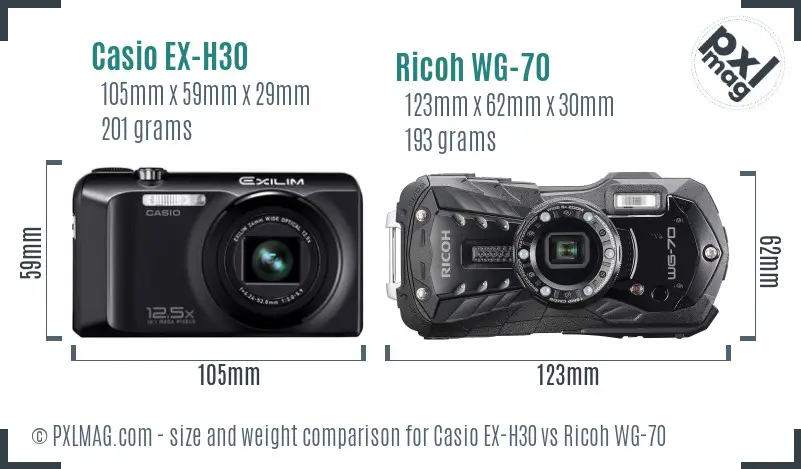 Casio EX-H30 vs Ricoh WG-70 size comparison