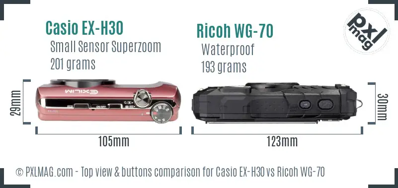 Casio EX-H30 vs Ricoh WG-70 top view buttons comparison